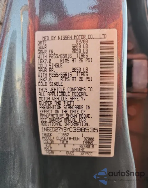 2000 Nissan Frontier Crew Cab Xe z USA, uszkodzony, nr VIN 1N6ED27Y8YC398535